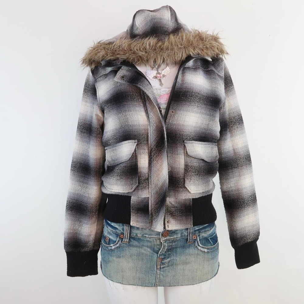 y2k grey black plaid hooded jacket faux fur trim